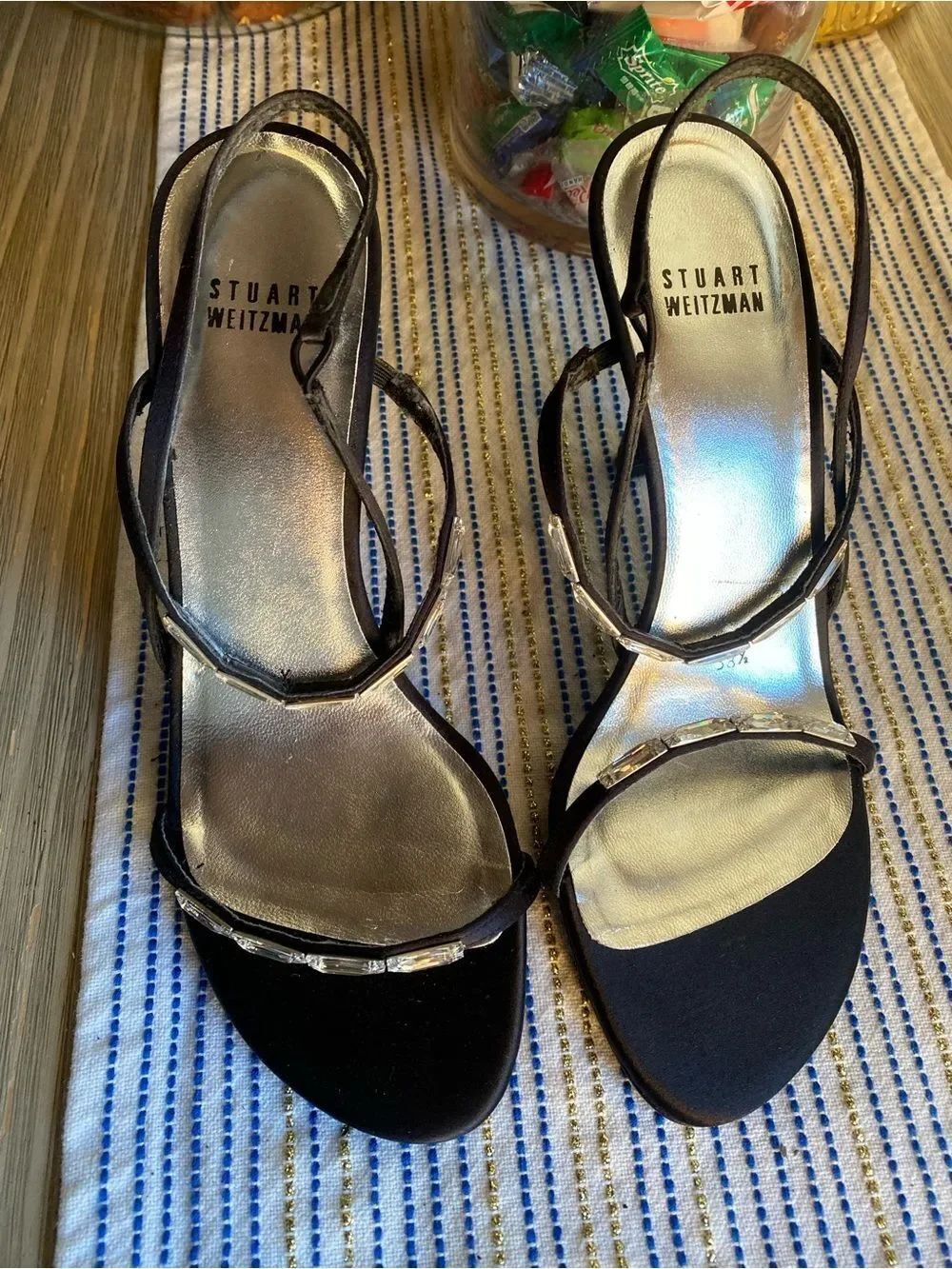 Stuart WeitzmanāWomen's Black Crystal 95 Sandal Shoes Size 38.5